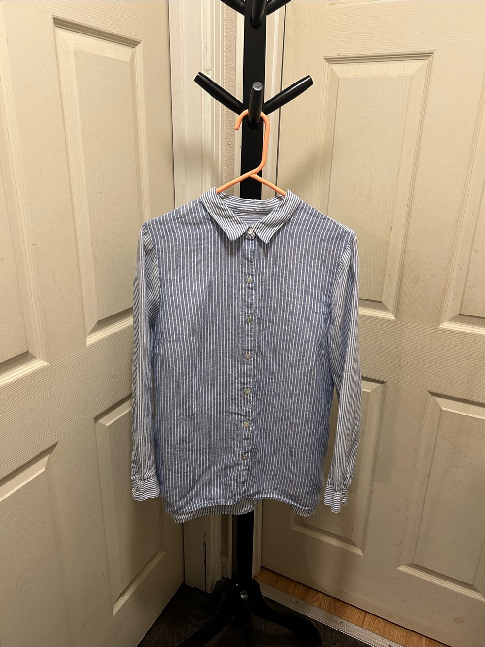 Linen J.Jill Button-Front Long Sleeve Striped Shirt - Blue & White